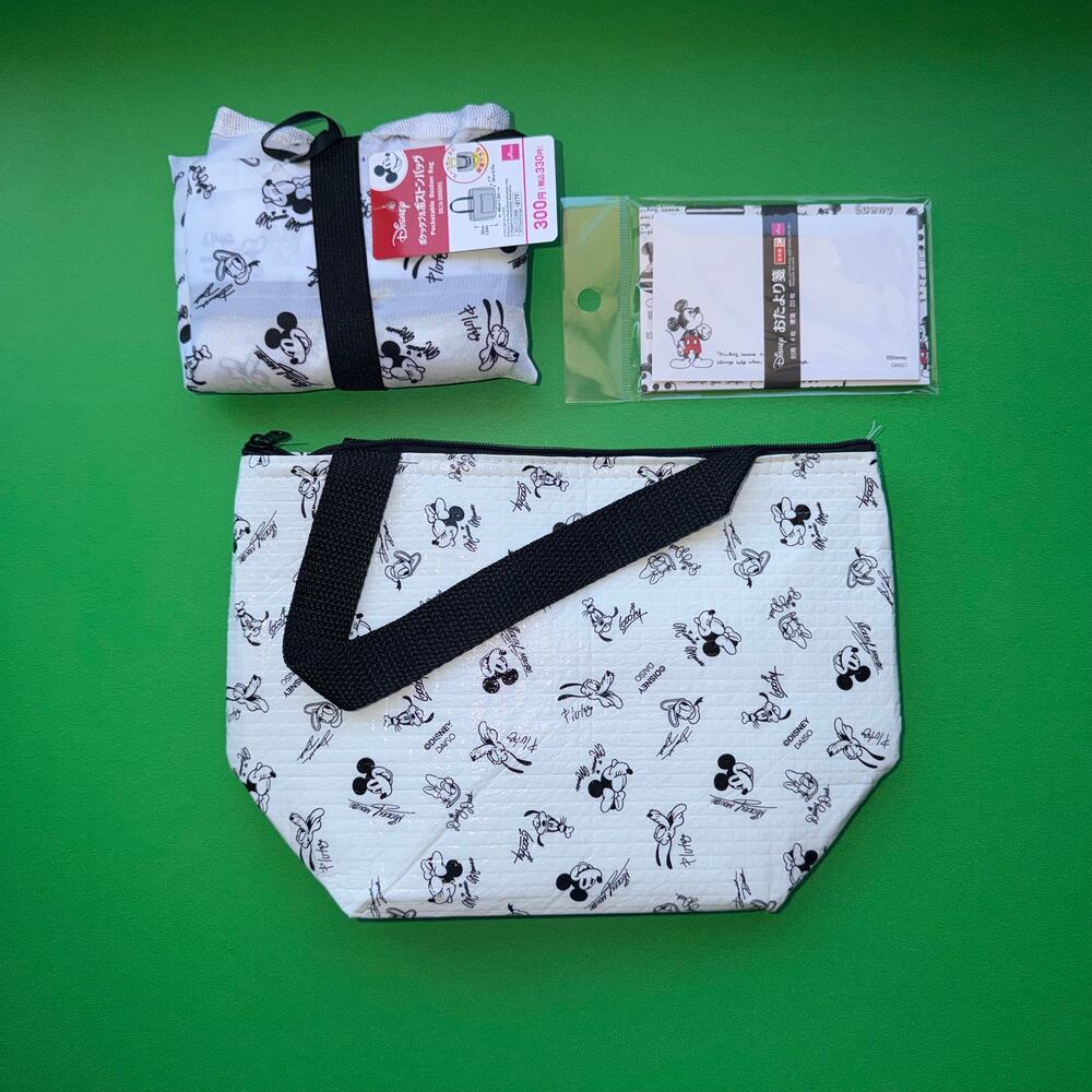 Vintage Disney Mickey Mouse Black White Lunch Tote Travel Luggage Bag Set Japan